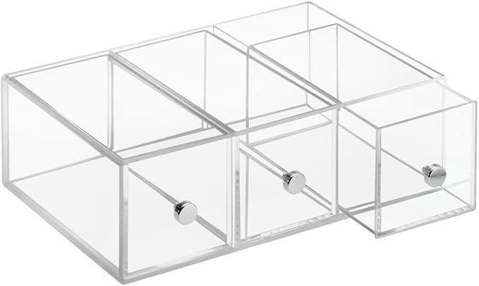 mDesign Plastic Kitchen Pantry Stackable Storage Organizer Container Station with 3 Drawers for Cabinet, Countertop, Holds Coffee, Tea, Sugar Packets, Creamers - Lumiere Collection - 2 Pack - Clear