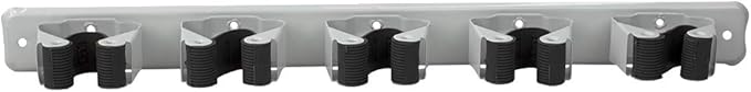 Mop and Broom Holder Wall Mounted Storage Organizer by Home Basics | 5 Slot Storage Rack with Textured Rubber Grippers for Kitchen, Garage, Laundry Room
