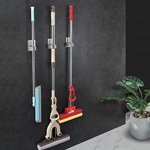 Fairy 2 Pack Stainless Steel Mop Broom Rack, Non-Perforated Self-Adhesive Hook Wall-Mounted Mop Rack, Heavy Duty Waterproof and Non-Slip for Bathroom, Kitchen, Garage