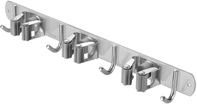 Broom Closet Organizer Wall Mounted, Heavy Duty Stainless Easy Install Broom Mop Holder with 3 Racks 4 Hooks (Grey)
