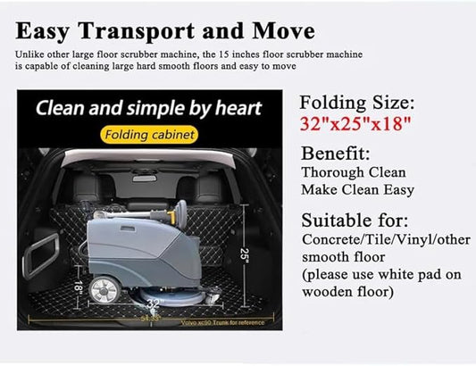 Commercial Floor Scrubber Machine with brushes, 15" Brush 8 Gal Foldable and Portable Scrubber Walk-Behind cleaning machine ,180 Degree Rotation,floor scrubbing, floor cleaner machine