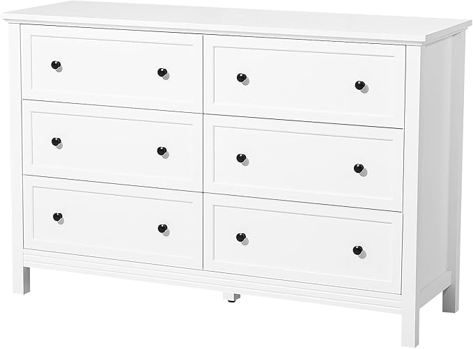 VEVOR 6 Drawer White Dresser, Wood Dresser Chest of Drawers with Middle Sliding Leg, Closet Storage Clothes Organizer for Bedroom, Living Room, Hallway, Entryway, Wide Drawer with Metal Handles