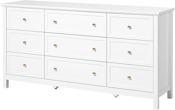 VEVOR 9 Drawer Dresser, Wooden Chest of Drawers with Sliding and Anti-tip Device, Retro Minimalist Dresser Chest, Closet Storage TV Stand Organizer for Living Room, Hallway, Bedroom, Entryway, White