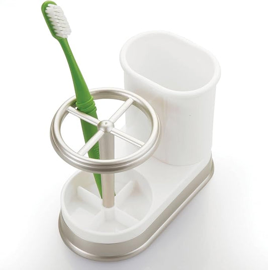 mDesign Decorative Bathroom Dental Storage Organizer Holder Stand for Electric Spin Toothbrush/Toothpaste - Compact Design for Countertop and Vanity, Holds 4 Standard Brushes - White/Matte Satin