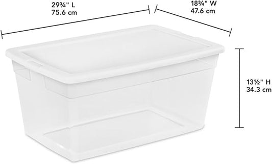 Sterilite 90 Qt Storage Box, Stackable Bin with Lid, Plastic Container to Organize Clothes, Blankets, Towels in Closet, Clear with White Lid, 1-Pack