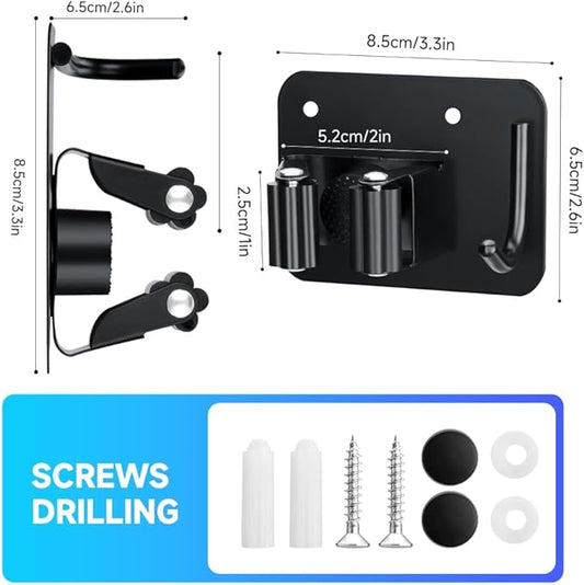 4-Pack Broom Holder with Heavy Duty Hooks, Upgraded Stainless Steel Mop Hanger. Wall Mount Utility Tool Rack for Kitchen Garden Laundry Garage. Matte Black.