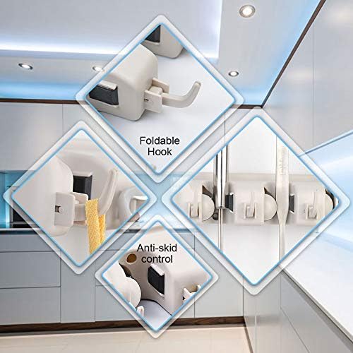 C-CHAIN Mop and Broom Holder, 5 Position with 6 Hooks Garage Storage Holds up to 11 Tools, Multipurpose Wall Mounted Tool Rack Organizer for Kitchen Garage