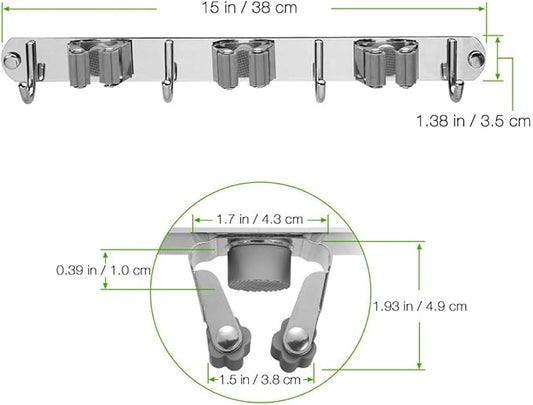 Broom Closet Organizer Wall Mounted, Heavy Duty Stainless Easy Install Broom Mop Holder with 3 Racks 4 Hooks (Grey)