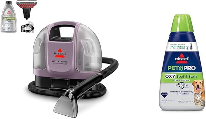 BISSELL Little Green Mini Cordless Portable Carpet and Upholstery Deep Cleaner, Limited Edition Color Dusk Pink, 4015F + BISSELL® PET PRO OXY Spot & Stain Formula for Portable Carpet Cleaners, 2034
