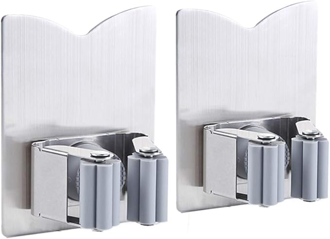 HANZE 2 Pack Mop Broom Holder Racks 304 Stainless Steel Self Adhesive Heavy Duty Wall Mounted Mop Organizer Storage Clip Multi-Used for Garage Kitchen and Bathroom