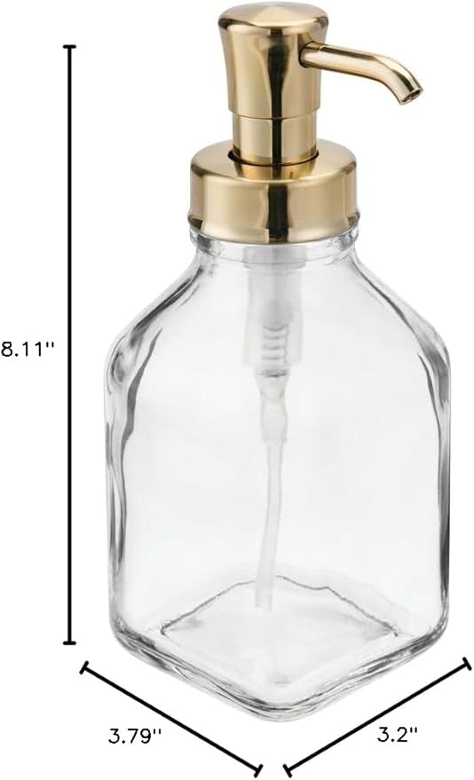 mDesign Square Glass Refillable Liquid Soap Dispenser Pump Bottle for Bathroom Vanity Countertop, Kitchen Sink - Holds Hand Soap, Dish Soap, Hand Sanitizer, Essential Oils - 2 Pack - Clear/Soft Brass
