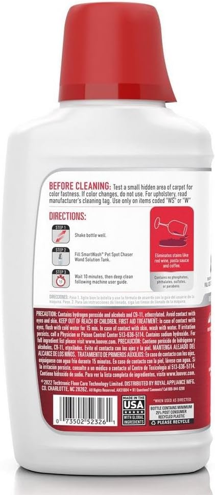 Hoover Oxy Spot Chaser Cleaner Solution Refill for SmartWash Pet, 32 oz., Stain Remover and Pretreat formula, Upholstery and Carpet Shampooer Solution, Designed for Hoover SmartWash Pet