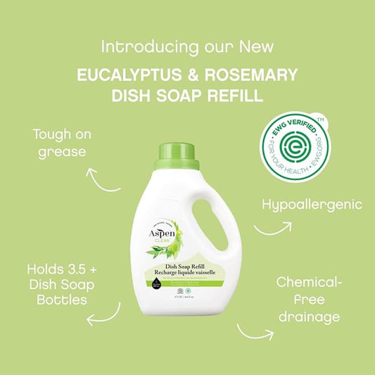 AspenClean Natural Dish Soap Refill Eucalyptus and Rosemary - 100% Natural, Organic, Baby-Safe, Pet-Friendly, Vegan, Cruelty-Free, Biodegradable - EWG VERIFIED & EcoCert Certified (2 Pack)