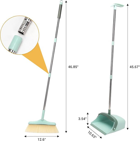 Broom and Dustpan Set,Long Handle Broom and Dustpan Set,Broom with Stand Up Dustpan Combo Set,for Home, Office, Lobby(Green)