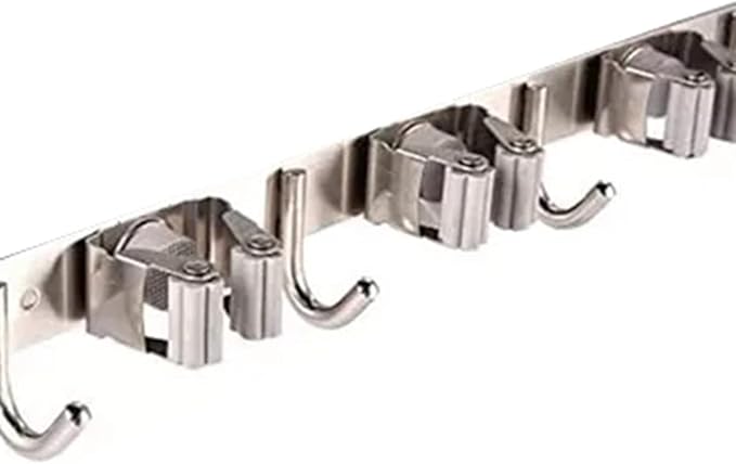3 Racks and 4 Hooks Mop and Broom Holder, Wall Mounted Broom Organizer Stainless Steel Heavy Duty Hooks Self Adhesive Broom Hanger for Kitchen Laundry Garden Garage