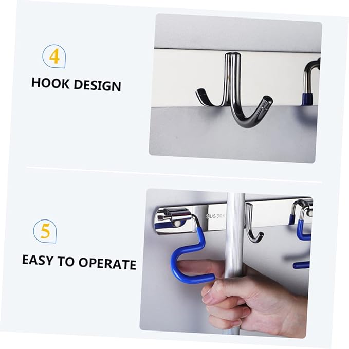 304 Stainless Steel Mop Broom Holder Wall-Mounted Organizer Hooks Heavy Duty Mop Hanger for Kitchen and Bathroom Easy Installation No Drill Required