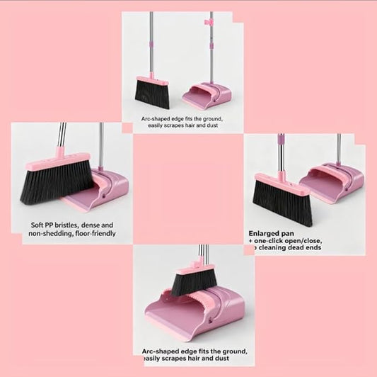 Upright Broom and Dustpan Set - Long Handle for No-Bending Comfort, 3 Rows Dense Bristles for Deep Sweeping, Suitable for Home, Office, Kitchen, Lobby, Shop, Indoor & Outdoor Spaces, Pink & Purple