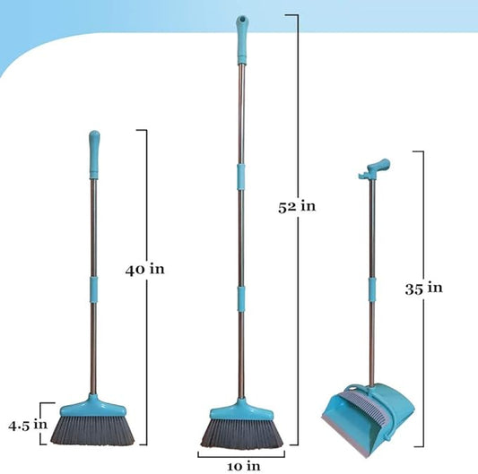 Broom and Dustpan Set Lightweight Upright Lobby Broom and Dust Pan Combo with Long Handle Outdoor Indoor for Home Kitchen Room Office (Blue)