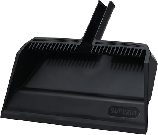 Superio 4-Pack Wide Plastic Dustpan with Comb - 16" Wide, Rubber Lip, Broom Handle Clip, Black