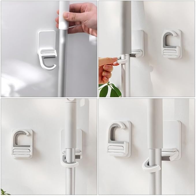 Punch Free Mop Hooks 3-Pack Adhesive Wall Mounted Mop Holder for Brooms Cleaning Tools Foldable No Drilling Waterproof Organizer for Kitchen Bathroom