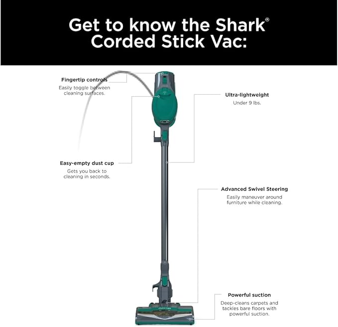 Shark Corded Stick Vacuum, Ultra-Lightweight, Swivel Steering, Powerful Deep-Cleaning, Floor-to-Ceiling Versatility, Converts to a Handheld Vacuum, Carpets & Hardfloor, Green, CS110EM