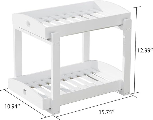 2 Pack Under Sink Organizer, Bamboo Wooden 2-Tier Pull-Out Storage with Sliding Drawers for Kitchen and Bathroom Cabinets, Easy Installation (White)