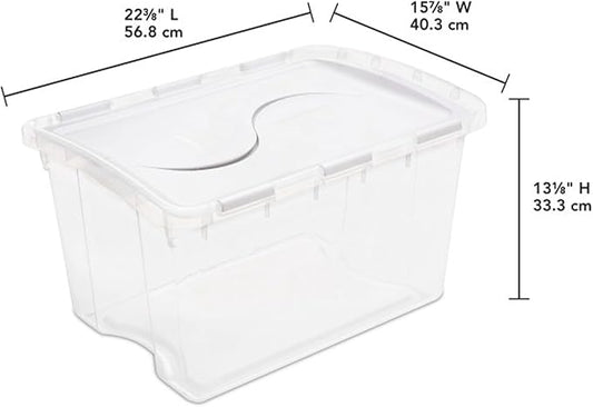 Sterilite 48 Qt Hinged Lid Storage Box, Stackable Bin with Lid, Plastic Container to Organize Home, Office, Basement, Clear with White Lid, 18-Pack