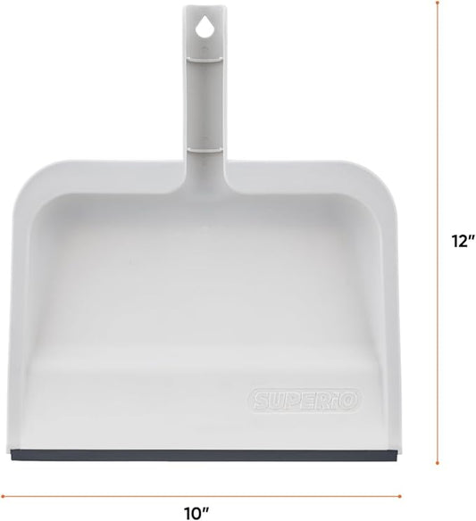 Superio Clip-On Dustpan with Rubber Lip - 10-inch Wide Durable Plastic Dust Pan with Comfort Grip Handle, White, 1-Pack