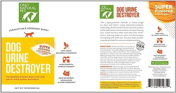 Only Natural Pet Enzyme Powered Stain & Odor Eliminator - Professional Pet Urine Pee Cleaner Deodorizer for Dogs - Hardwood Floors Carpets Upholstery - Eucalyptus & Rosemary Scent - 32Floz - 2 Pack
