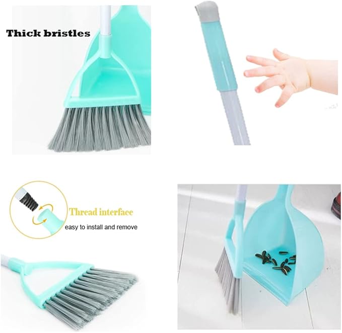 Mini Broom with Dustpan for Kids,Little Housekeeping Helper Set (White+Sky Blue)
