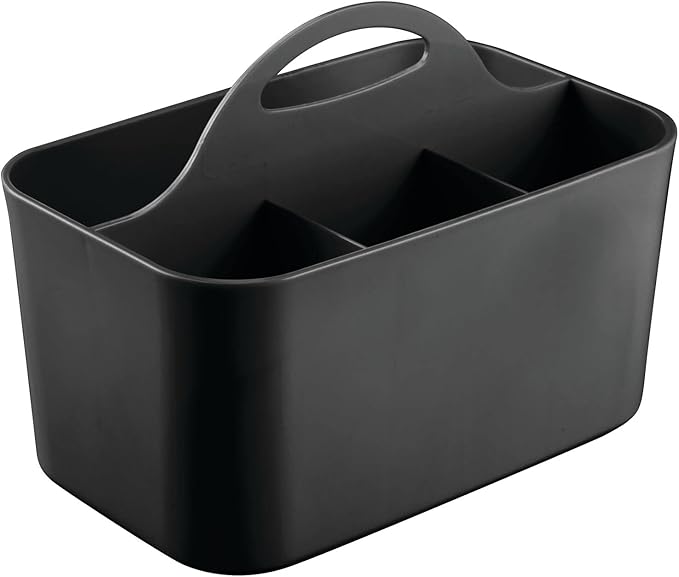 mDesign Small Plastic Shower/Bath Storage Organizer Caddy Tote with Handle for Dorm, Shelf, Cabinet - Hold Soap, Shampoo, Conditioner, Combs, Brushes, Lumiere Collection, Black