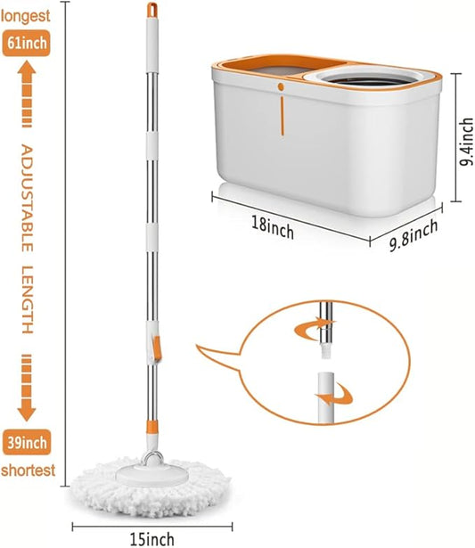 Spin Mop Bucket with Wringer System Extended Mop Handle 61"Mop and Bucket for Floors Cleaning with 5 Replacement Head Refill 1 Cleaning Brush Head