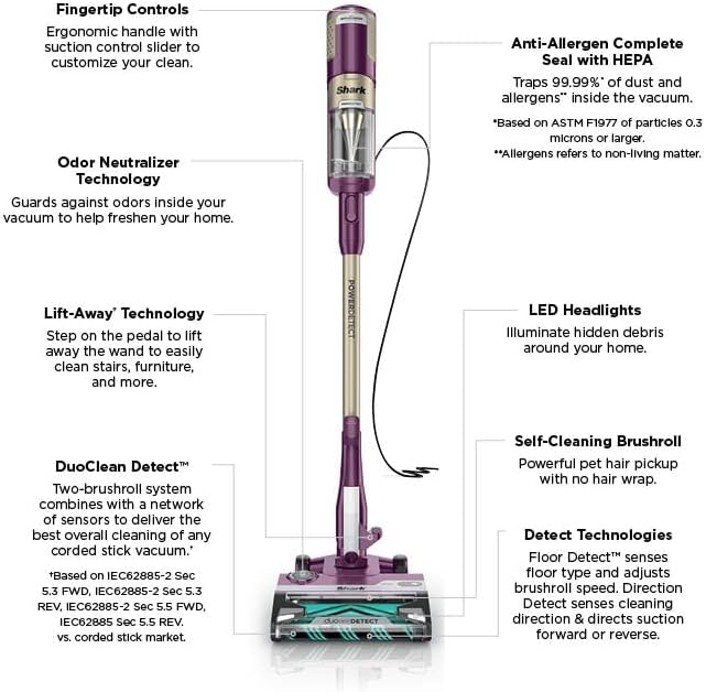 Shark POWERDETECT Ultra-Light Corded Stick Vacuum with DuoClean Technology, Self-Cleaning Brushroll for No Hair Wrap, Anti-Allergen Complete Seal, and Odor Neutralizer Technology, Purple, HZ4001AMZ