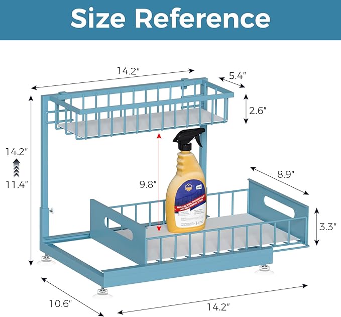 Under Sink Organizer, L shaped 2 Tier Pull Out Under Sink Organizer with Adjustable Height, Premium Metal Sliding Basket Shelf for Kitchen Bathroom Cabinet Storage Pack of 1 Teal