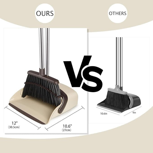Broom and Dustpan Set, Dustpans with Broom Combo for Home, Heavy Dust Broom and Dustpan Combo, Long Handle Dust Pan and Broom Set for Kitchen, Office, Pet Hair,Beige, Pack of 1
