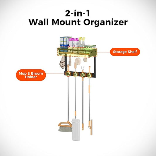 Broom Holder Wall Mount with Shelf, Broom Hanger and Hooks, Broom and Mop Organizer Wall Hanging for Laundry Room, Garage, Utility Closet, Kitchen(Small)