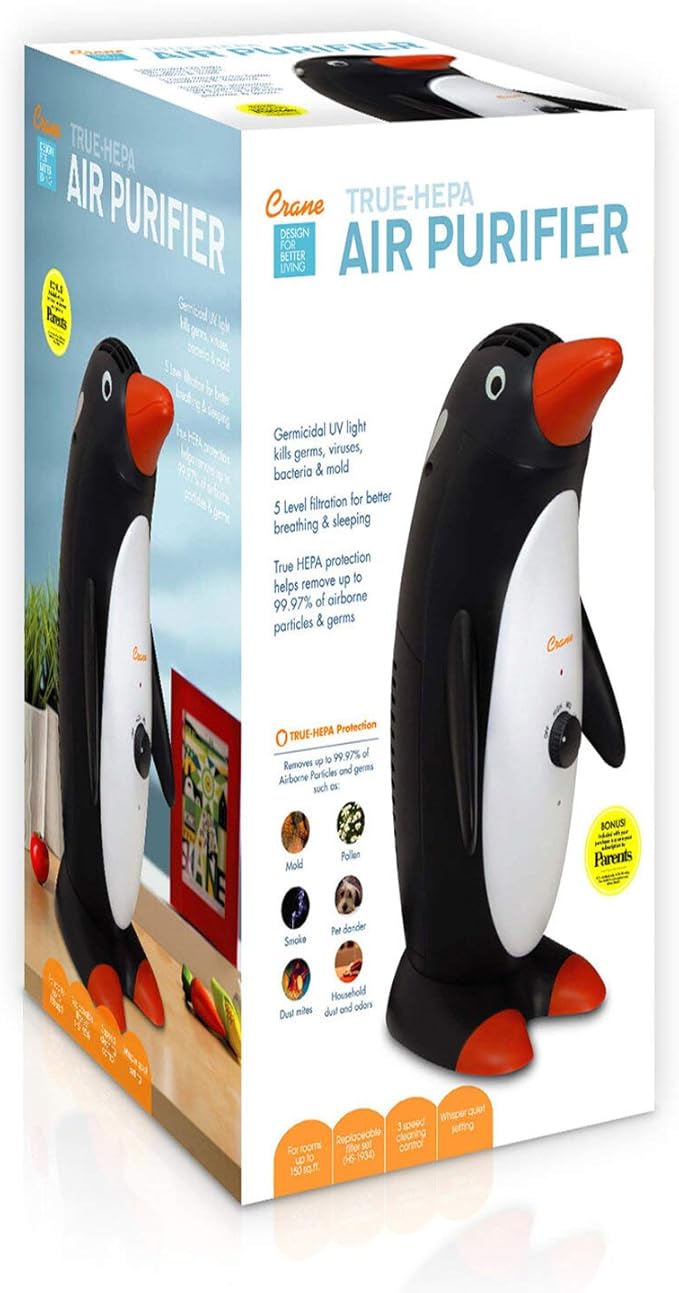 Crane Adorable Penguin Air Purifier with True HEPA Filter EE-5065, Germicidal UV Light, 150 Sq Feet Coverage, 3 Speed Control, Washable Particle Filter