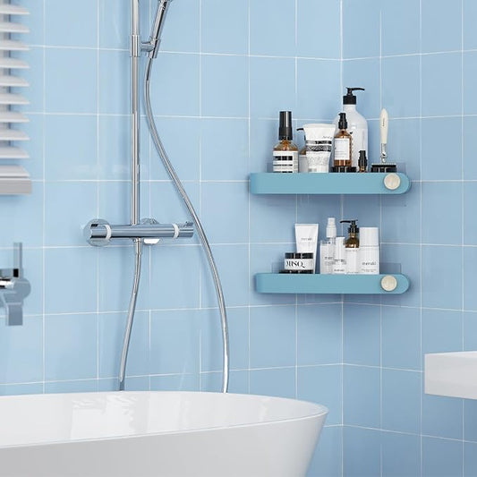 Sotfamily Plastic Shower Caddy Corner (For 90° Only), 2 Pack Adhesive Corner Shower Shelves for Bathroom Organizers and Storage, Light Blue