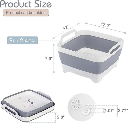 2.4 Gal(9L) Collapsible Dish Basin with Drain Plug, Space Saving Outdoor Multiuse Foldable Sink Tub, Dishpan, Kitchen Storage Tray for Camping, Vegetable Washing, RV (Gray)