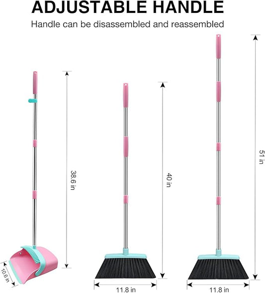 Broom and Dustpan Set, 52-in Long Adjustable Handle Broom Dustpan Combo with Dust pan Teeth to Automatically Clean Hair Suitable for Home Kitchen Office Hall Floor(Pink&Blue)