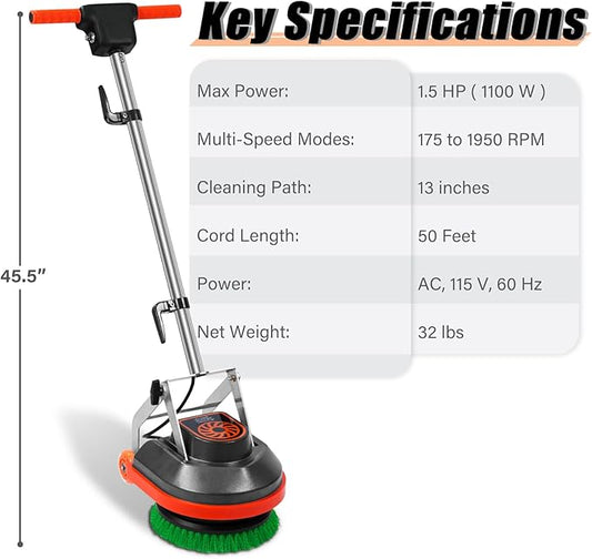 Commercial Floor Scrubber Machine, 13" Heavy Duty Orbital Floor Cleaner Buffer and Polisher- Deep Cleaning Hard Floors and Carpets with Ease, 3 Brushes & 3 Cleaning Pads, Orb-6
