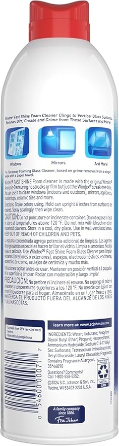 Windex Fast Shine Foam Glass Cleaner, No-Drip Aerosol Cleaning Spray, 19 oz, Pack of 2