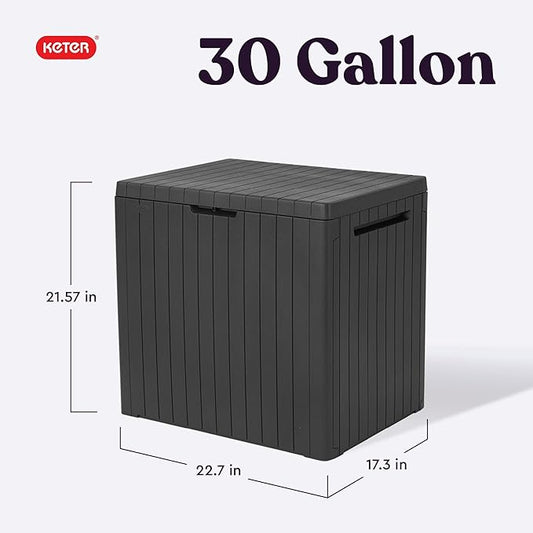 Keter City 30 Gallon Resin Outdoor Storage Box & Patio Side Table for Balcony, Pool, Deck & Garden Accessories, Weather‑Resistant, Dark Grey