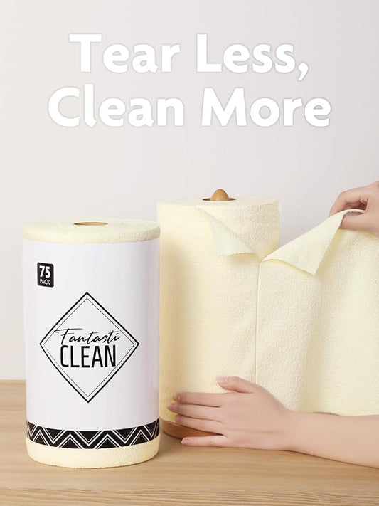 Fantasticlean Microfiber Cleaning Cloth Roll -75 Pack, Tear Away Microfiber Towels, 12" x 12", Reusable, Washable, Scratch Free, Ultra Absorbent Dishcloth for All-Around Cleaning Supplies (Beige)