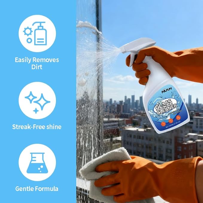 NUAN Glass Cleaner, Streak-Free Shine, Non-Residue Formula, 500ml/17.6fl oz Spray Bottle for Windows, Mirrors and Glass Surfaces