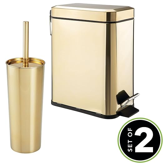 mDesign Metal Freestanding Slim Toilet Bowl Brush and Holder + Rectangle Narrow 5 Liter / 1.3 Gallon Step Pedal Trash Can Wastebasket for Bathroom - Small, Compact Design - Set of 2 - Soft Brass