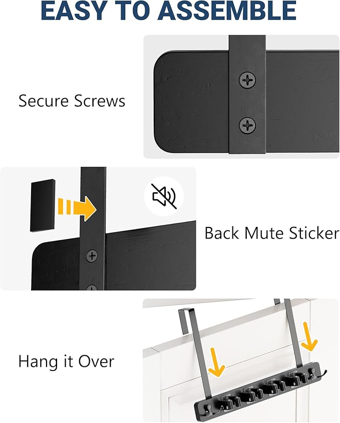 Lorbro Broom Holder Door Mount, Over the Door Broom and Mop Holder with 2 Over Door Hooks, Wood Broom Hanger, Tool Rack Organizer for Laundry, Garage, Closet, Kitchen Decor, 4 Slots & 4 Hooks Rustic