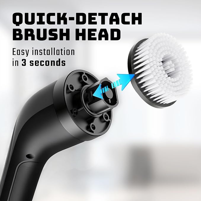 Electric Spin Scrubber, Powerful 2-Speed Cleaning Brush, IPX7 Waterproof with 7 Reusable Brush Heads & Extendable Handle, for Bathroom Toilet Shower Kitchen Wall Tile Floor Grout (Black)