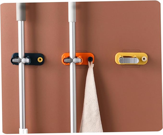 PRETYZOOM 4pcs Bathroom Storage Mounted Mop Holder Broom Organizer for Easy Cleaning Self-adhesive Hooks Yellow