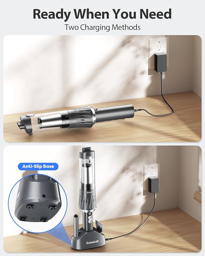 Handheld Vacuum Cordless 25000Pa Car Vacuum 3-in-1 Handheld Vacuum, Includes Smart Display and Charging Base Hand Vac Cordless Rechargeable One-Touch Empty for Home/Pet/Car (Silver)